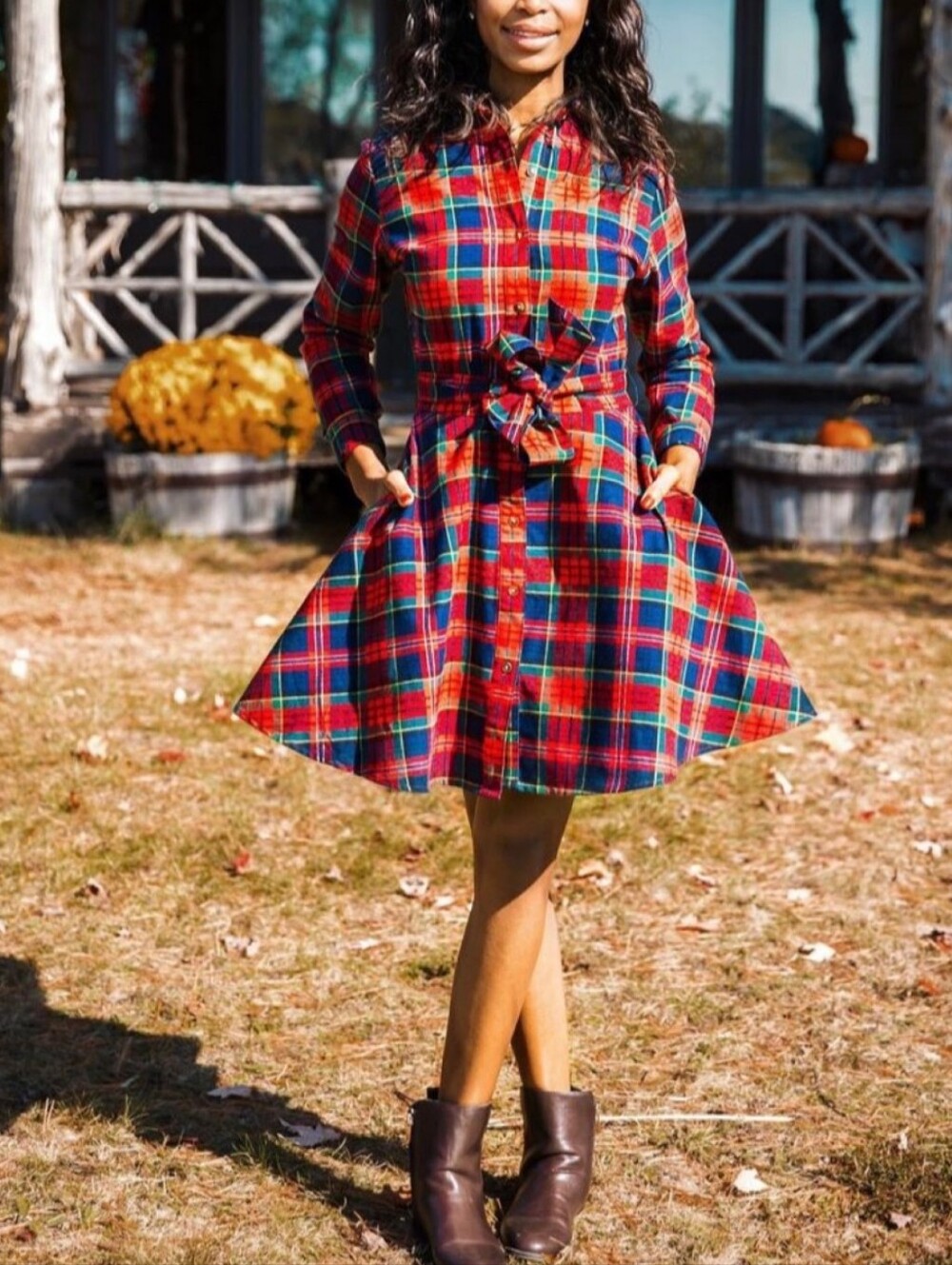 Kiel James Patrick Plaid Flannel Shirt Dress with Tie Waist